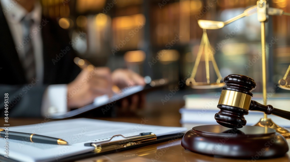 justice and law concept.Legal Theme: Judge's Gavel, Law Enforcement Officers, Evidence-Based Cases, and Consideration of Documents justice and law concept.Legal Theme: Judge's Gavel, Law Enforcement Officers, Evidence-Based Cases, and Consideration of Documents