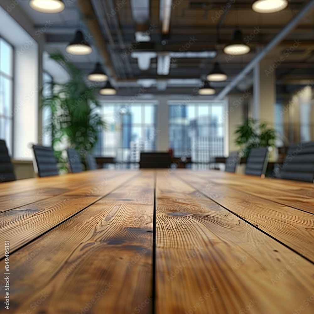 empty and clean wooden table with blurry office room