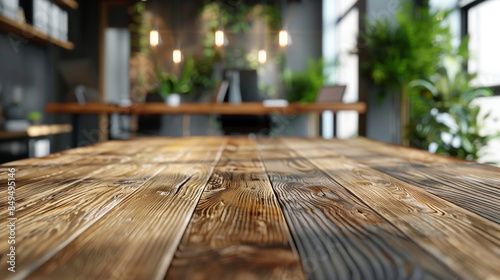 empty and clean wooden table with blurry office room