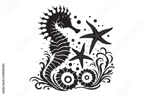 Seahorses and starfish silhouette Vector Illustration 
