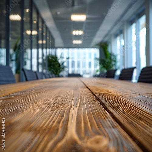 empty and clean wooden table with blurry office room