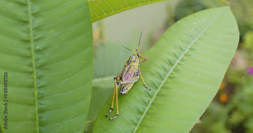 Grasshopper sitting on a Plumeria flower appears to rub his head like he has a headache or is frustrated.