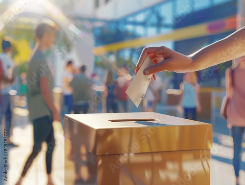 Hand placing voting ballot in ballot box on blurred polling place, concept of a person voting during elections