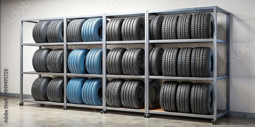 Neatly displayed tires on a shelf, showcasing a blend of synthetic and natural rubber for automotive perfection , tires photo