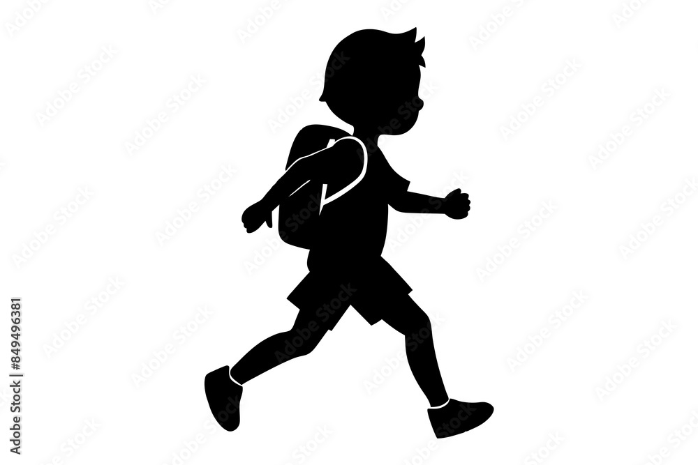 vector silhouette of a child running with a backpack on their shoulder against a plain white background vector silhouette of a child running with a backpack on their shoulder against a plain white background