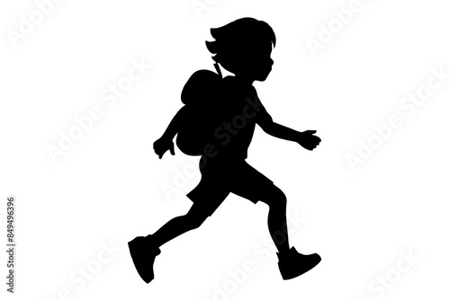 vector silhouette of a child running with a backpack on their shoulder against a plain white background © Chayon Sarker