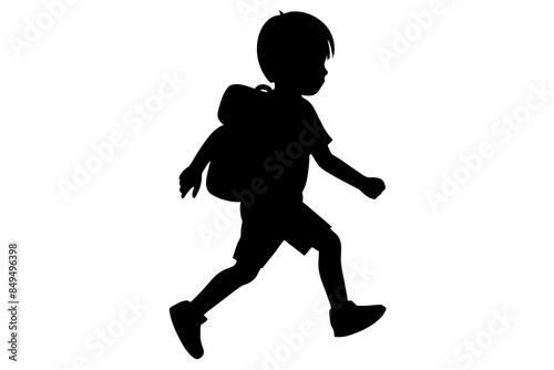 vector silhouette of a child running with a backpack on their shoulder against a plain white background