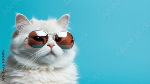 Cute white cat wearing sunglasses on blue background. Copy space. © Voilla