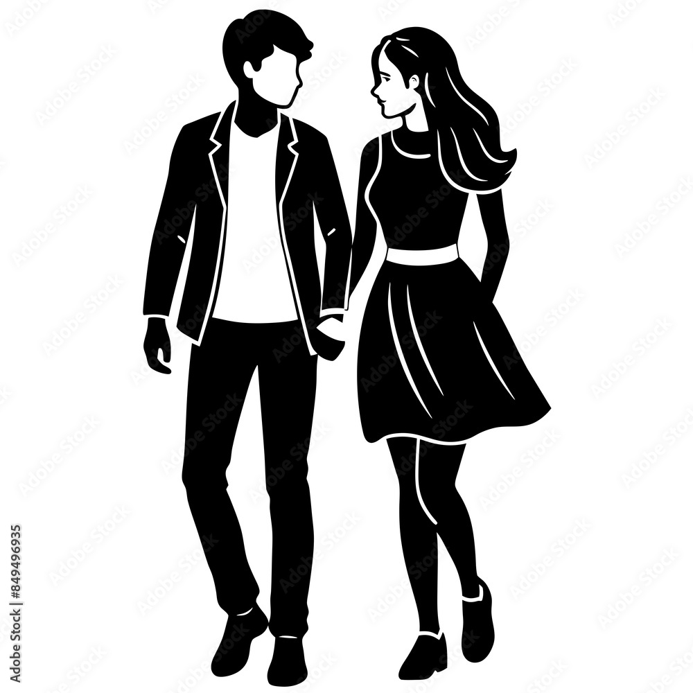 Teen romantic couple walking vector silhouette Teen romantic couple walking vector silhouette