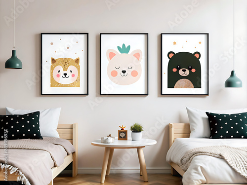 Mockup of three frames on a white wall in a children's room. Templates for painting or poster, modern and sophisticated interior design.

