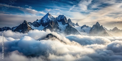 Misty mountain peaks shrouded in clouds , foggy, rugged, majestic, nature, adventure, wilderness, landscape, tranquil, remote © wasana