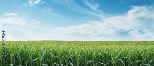 Green corn field and blue sky with white clouds.