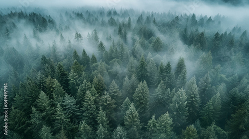 drone photo of a forest in the Pacific Northwest on a foggy day,