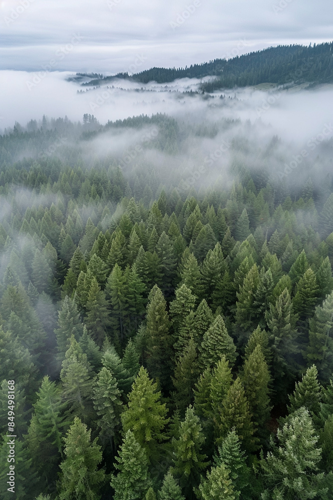 Φωτογραφία drone photo of a forest in the Pacific Northwest on a foggy day, vertical orient