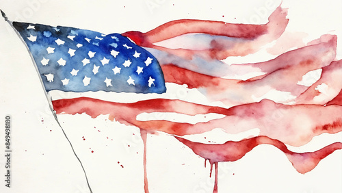 Watercolor American flag, 16:9 with copyspace, 300dpi