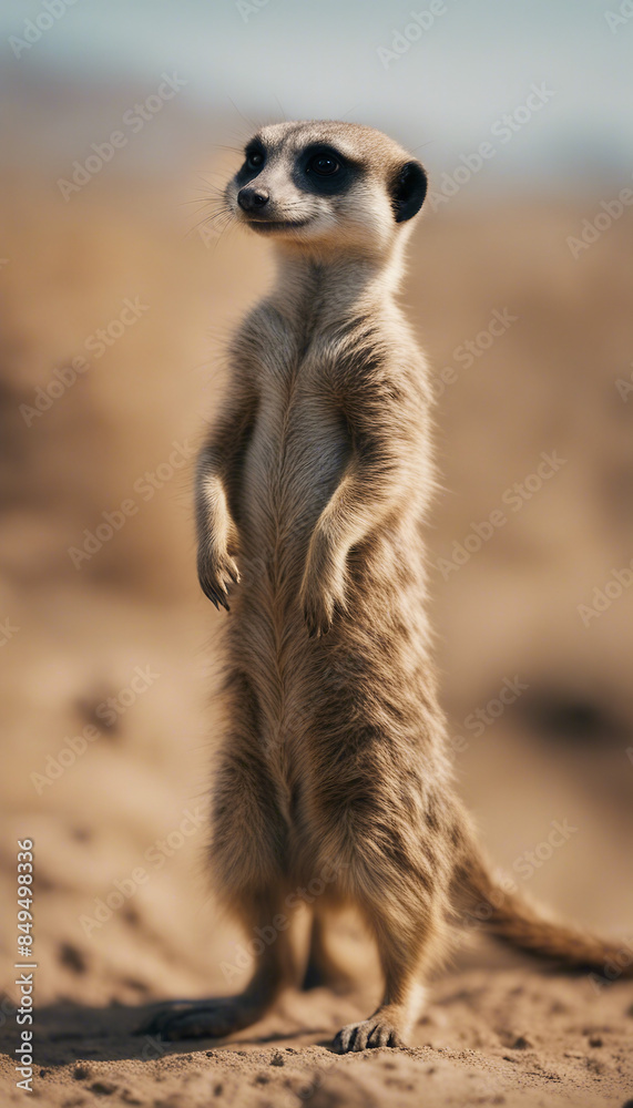 Fototapeta premium A meerkat stands on its hind legs in the arid Desert looking for food