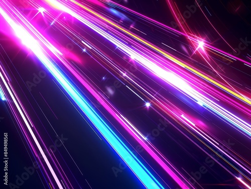 Neon futuristic flashes on black background. Motion light lines backdrop. For banner, postcard, illustration. Created with generative AI tools