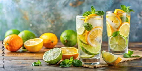 Refreshing photo of lemon lime carbonated water with citrus fruits, perfect for summer and hydration, lemon, lime
