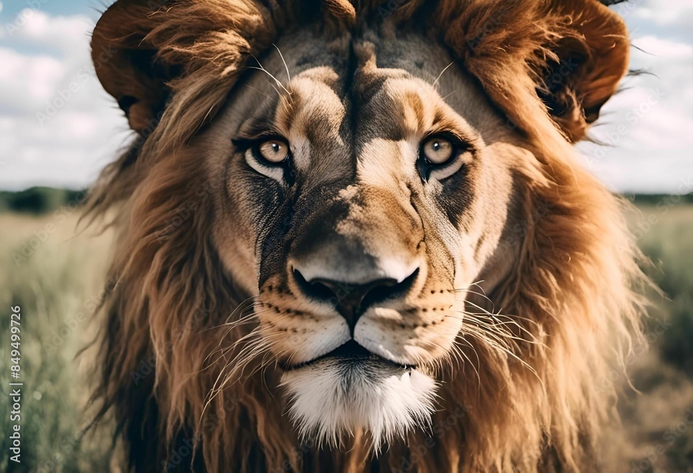 Φωτογραφία AI generated illustration of a close-up portrait of a majestic lion with a lush mane in the wild