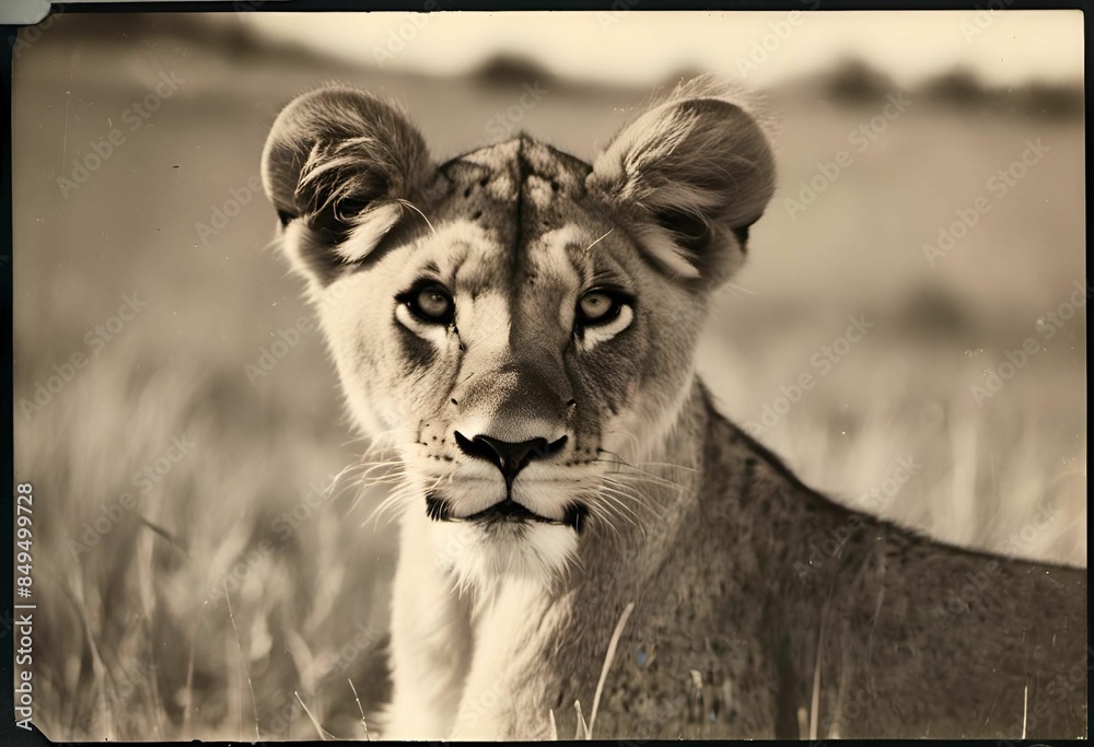 Φωτογραφία AI generated illustration of a close-up sepia-toned portrait of a lioness in a grassy savanna