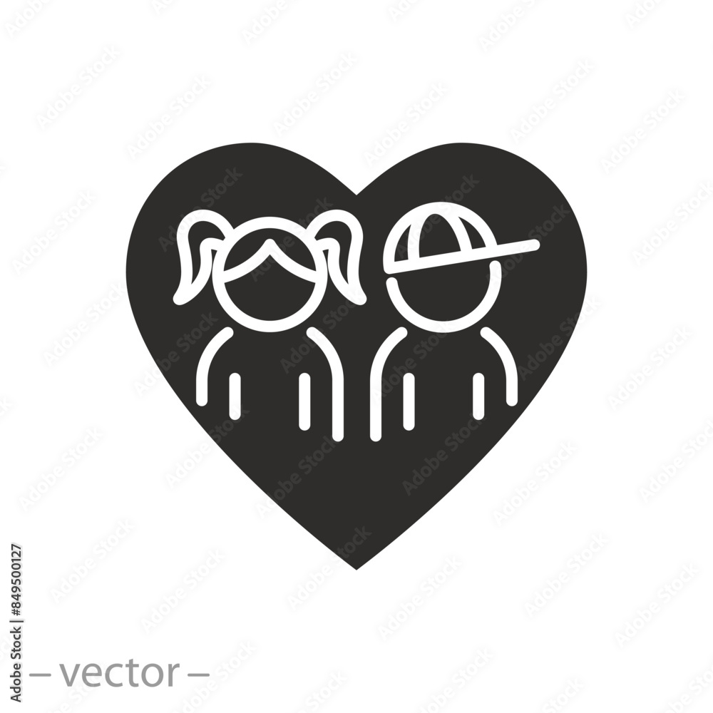 protect or help for kids icon, care children, volunteer love, heart with boy and girl, flat symbol on white background - vector illustration protect or help for kids icon, care children, volunteer love, heart with boy and girl, flat symbol on white background - vector illustration