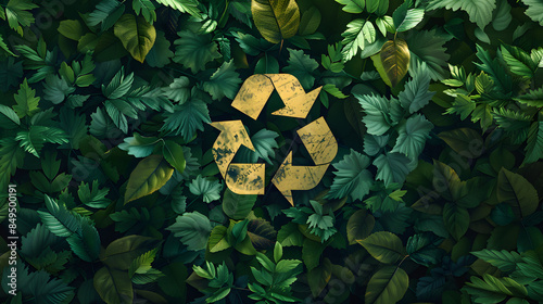 top view illustration of recycle sign with leaves in the fores photo