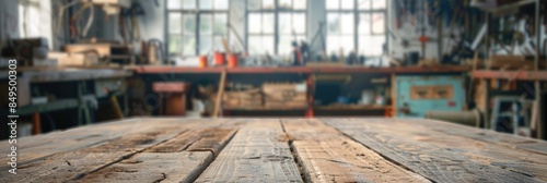 Old rustic wooden table with workshop interior as background. blurred image workshop with tools and window © Paradox