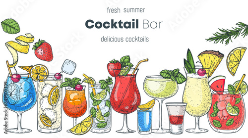 Alcoholic cocktails frame. Hand drawn vector illustration. Cocktails sketch set. Engraved style.
