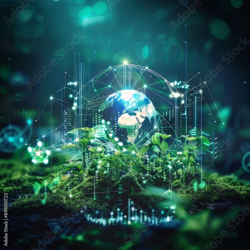 Abstract background of the earth globe digitally connected and using green energy across the globe