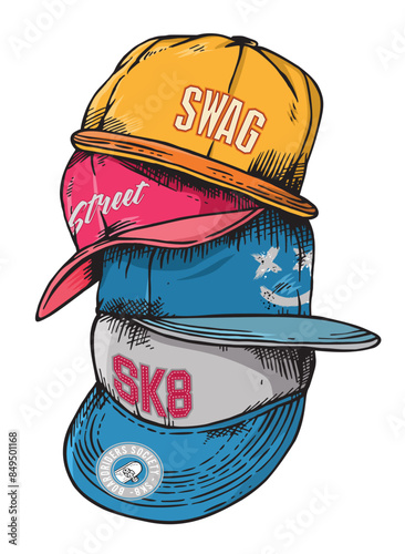 Handmade vector illustration of stacked caps. Art in stripped lines. Design for prints, posters, decoration and other uses.