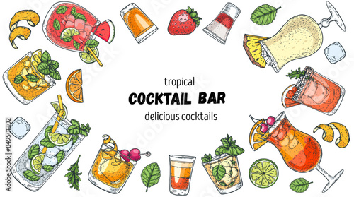 Alcoholic cocktails frame. Hand drawn vector illustration. Cocktails sketch set. Engraved style.