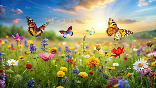 Colorful wildflowers surrounded by fluttering butterflies in a meadow, wildflowers, butterflies, nature, vibrant, colorful