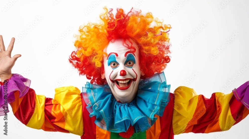 A clown with a red and orange wig and blue and yellow clothing is smiling A clown with a red and orange wig and blue and yellow clothing is smiling