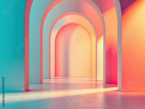 Pastel-coloured archway corridor with soft gradient lighting, creating a serene and modern visual effect. Ideal for contemporary designs, artistic projects, and calm decor.