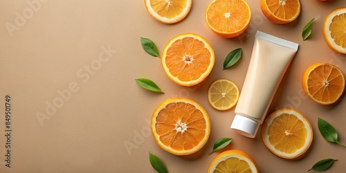 Sunblocker product design surrounded by oranges on light brown background, sunblocker, oranges, product design, cosmetic photo