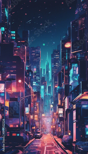A wallpaper illustration of a night cityscape in anime neo crisp style neon flat colors night sky photo