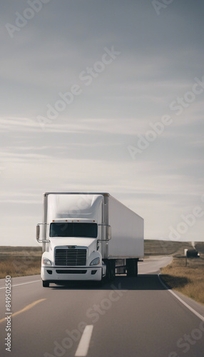 A white cargo truck with a white blank empty trailer for ad on a highway road in the united states © ArtisticLens