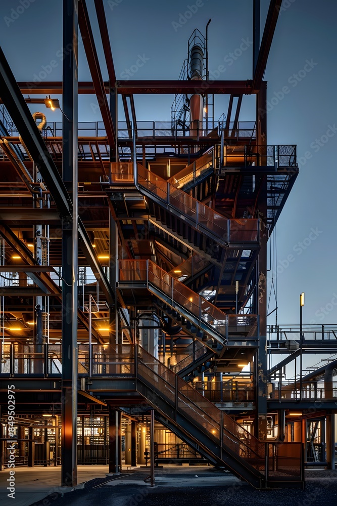 Fototapeta premium A high-tech industrial plant with two tall, towering pipes emitting steam at sunset. The scene is illuminated by the soft glow of twilight, 