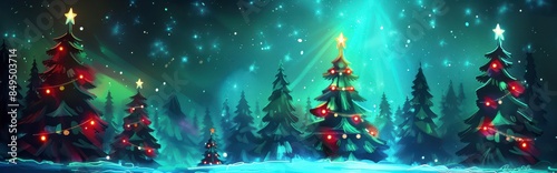 painting of christmas trees with glowing lights in snowfall at night