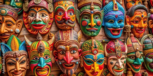 Handcrafted traditional wooden masks with intricate designs and vibrant colors, wood, craft, culture, art, traditional © wasana