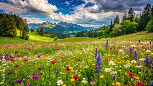 Lush green meadow with colorful wildflowers and vibrant vegetation, nature, outdoors, vibrant, colorful, meadow, wildflowers, green