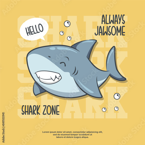 Cute Shark Zone On Yellow Background. Cartoon Illustration