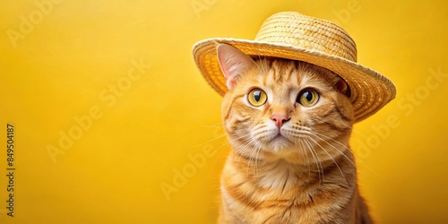 Beautiful yellow cat wearing a straw hat, ready for a June party , feline, animal, cute, pet, yellow, cat, straw hat photo
