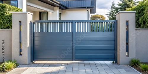 Modern gray blue front gate in front of house, modern, gate, entrance, contemporary, blue, gray, exterior, home photo