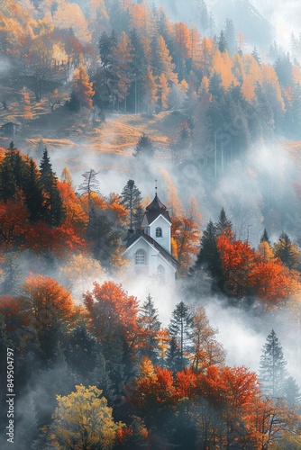 Foggy mountain with colorful Autumn forest and church bell tower