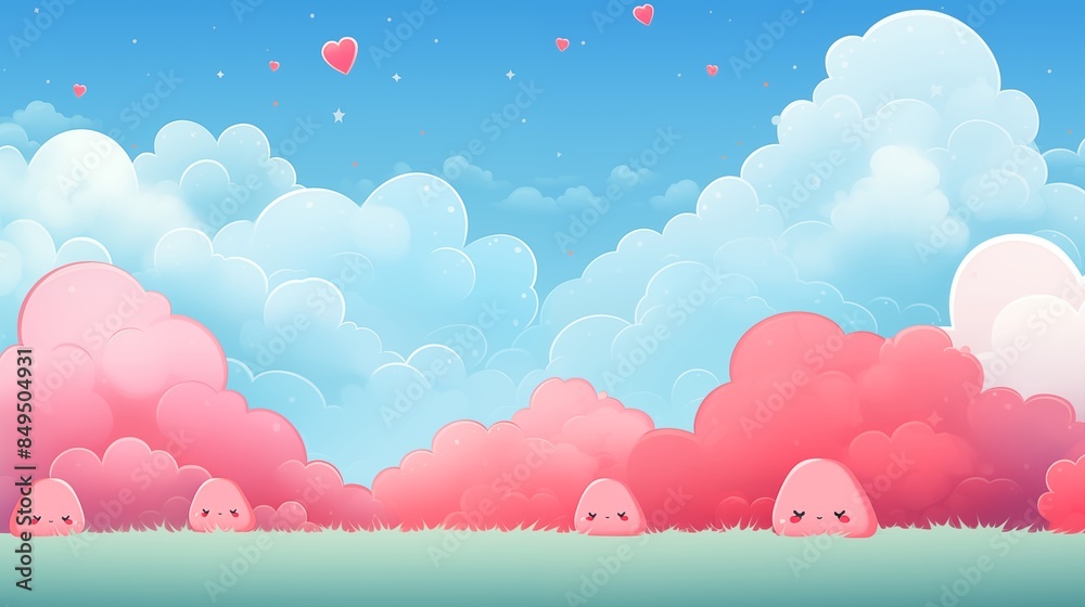 Whimsical Landscape with Fluffy Pink Clouds, Smiling Characters, and Hearts Floating in a Serene Blue Sky Whimsical Landscape with Fluffy Pink Clouds, Smiling Characters, and Hearts Floating in a Serene Blue Sky