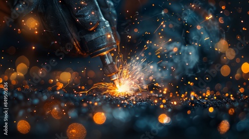 close up hand of a welder holding a welding torch, sparks flying as the metal is fused together, showcasing the intense concentration and skill in welding photo