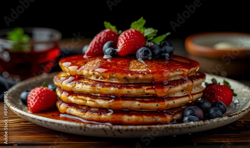 Stack Of Golden-Brown Pancakes Drizzled With Amber Syrup, Topped With Fresh Strawberries