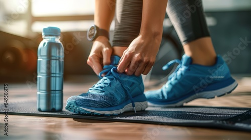Wallpaper Mural Person tying running shoes with a water bottle and fitness tracker, capturing a morning fitness routine with ample space for text Torontodigital.ca