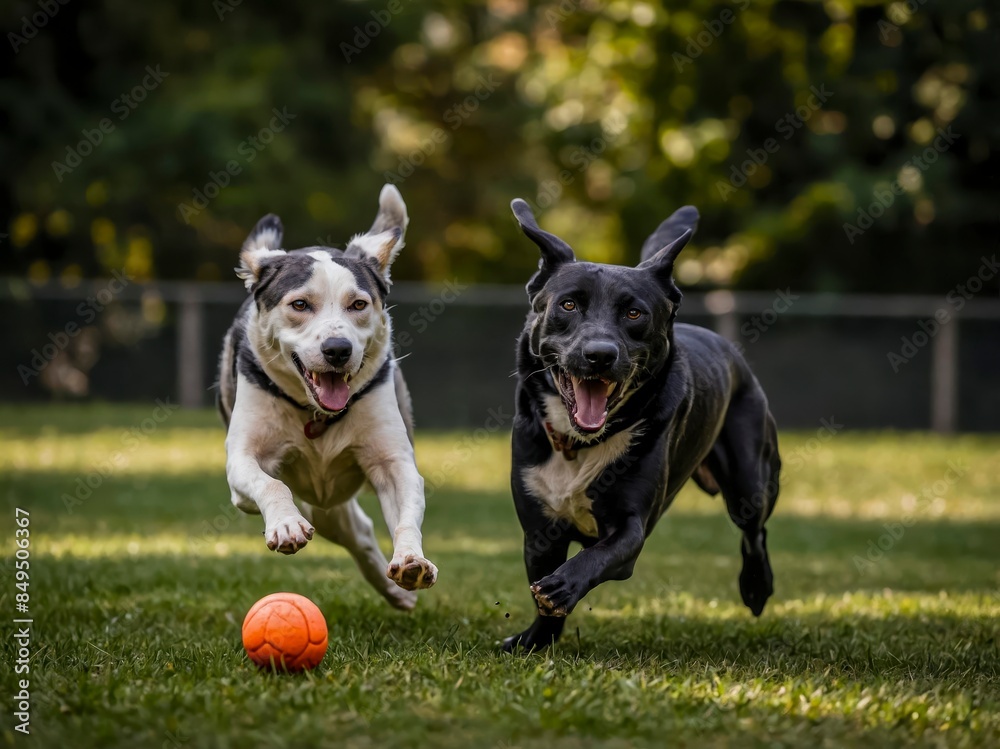 Two Energetic Dogs, One Black And One White With Black Patches, Joyfully Sprint Across A Sunlit Park Two Energetic Dogs, One Black And One White With Black Patches, Joyfully Sprint Across A Sunlit Park